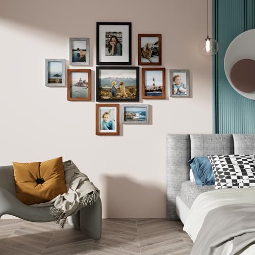 Image of Vittanly 10 Pack Picture Frames, Picture Frames Collage Wall Decor with Two 8x10, Four 5x7 and Four 4x6 Photo Frames, Gallery Wall Frame Set for Wall or Tabletop Display, Black, Walnut Brown and Grey