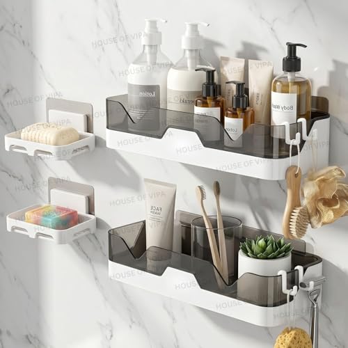 Image of HOUSE OF VIPA Self-Adhesive Bathroom Shelf for Wall, Bathroom Organizer with Towel Holder and 4 Hooks, Space-Saving Bathroom Accessories, 2 Storage Shelves & 2 Soap Dishes (B /W), 4 Pack