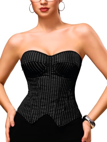 ChiaoLezhee Womens Zipper Corset Top,Sexy Underwire Lace Up Overbust Bustier,Office Club Going Out Outfits,Strapless Bra Shapewear Pinstripe Tie Print Costume,Black Striped, X-Large