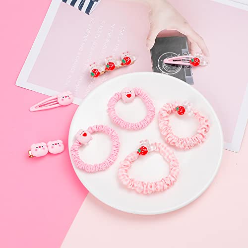 8Pcs Cute Cartoon Hair Ties And Hair Pins, Cherry Bees Pink Animal Flower Dog Pig Cartoon Elastic Hair Scrunchies Rubber Band Hair Clips No Damage For Thick Hair Styling And Makeup For Women #TOP3