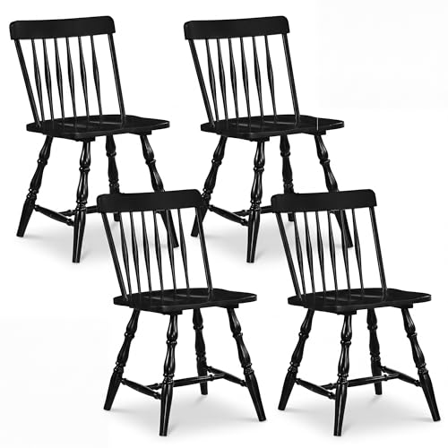 Image of COSTWAY Windsor Chairs Set of 4, Armless Solid Wood Dining Chairs with Spindle Backs, Mid-Century Modern Kitchen Side Chair for Dining Room, Kitchen, Small Space (Black)