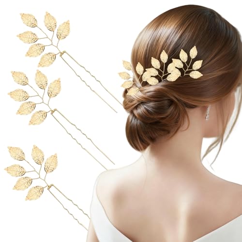 Juego de 3 horquillas de pelo con hojas y flores | Elegantes accesorios de cabello para boda | Horquillas para novia y damas de honor | Accesorios para mujer en bodas, fiestas y diario (Dorado)