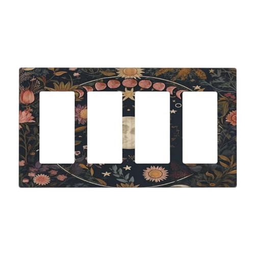 Celestial Sun Moon Phase Starry Sky Dark Academia Witchy Botanical 4 Gang Outlet Covers Decorative Quad Rocker/Decora Light Switch Cover Gfci Electric Wall Plate Switch Plate Faceplate For Bathroom