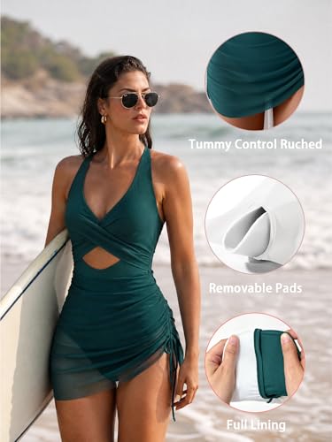 Image of B2prity Women Mesh One Piece Swimdress Swimsuit Tummy Control V Neck Cutout Bathing Suit Wrap Drawstring Sarong Swimwear