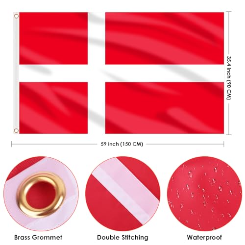 Image of AhfuLife 2 Pcs Denmark Flag 3x5 Ft, Large Denmark National Flags for Outside - Double Side with Brass Eyelets for World Cup Olympic Party Decorations, Bar Garden Street Decoration Indoor Outdoor