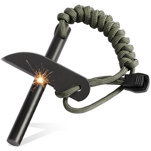 VVAAGG Flint and Steel Fire Starter: 4 Inch Ferro Rod Magnesium Rods Survival Tool with Paracord Handle Thicker Striker