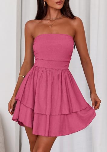 Image of PRETTYGARDEN Women's 2026 Summer Strapless Tube Mini Dress Off Shoulder Smocked Ruffle A Line Flowy Short Party Club Dresses