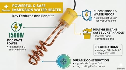 Image of Rapid Heating 1500W Immersion Water Heater Rod | Shock-Proof ISI Certified | Extra-Long Cord | Copper & Nickel-Plated Coil | Safe for Buckets & Containers | Fast & Safe Water Heating