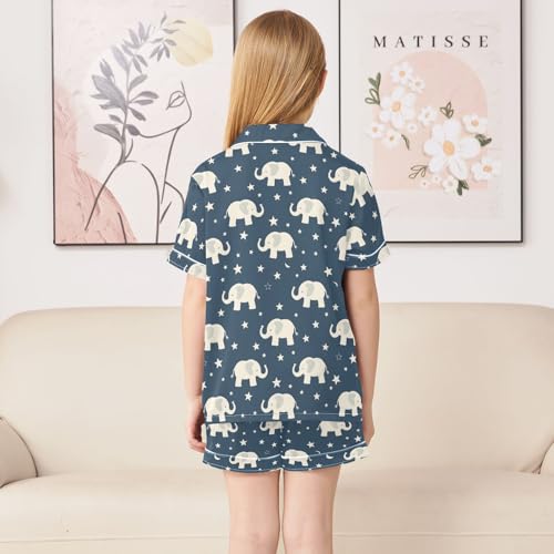 Elephant and Stars Summer Satin Pajama Set, Cute Button-Down Sleepwear Pj Set for Sleep Wears4