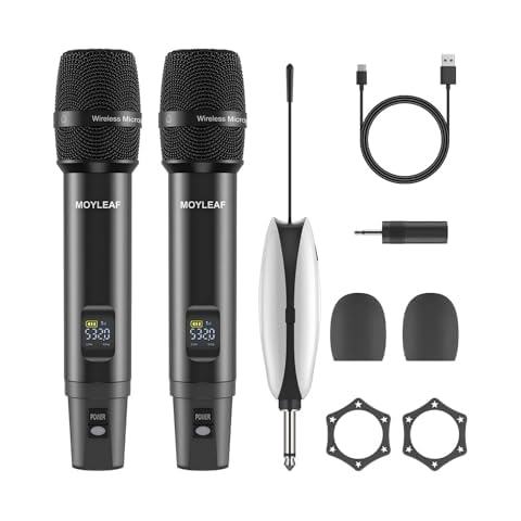 MOYLEAF Wireless Microphones, UHF Metal Dual Handheld Cordless Dynamic Mic System with Rechargeable Receiver, 1/4 "Output for Karaoke Singing, Wedding, DJ, Party, Speech, Church, Class Use, 240ft Cover