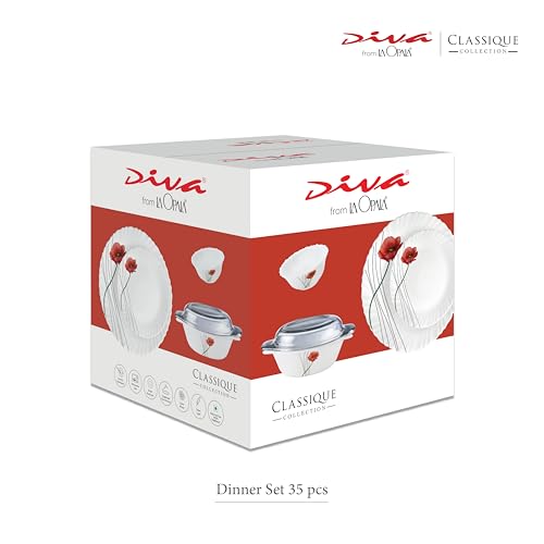 Image of La Opala Diva Classique Collection Opal Glass Crockery | for Family of 6 | Dinner Set 35 pcs Royal Iris | Plates & Bowls for Dining | Microwave Safe | 100% Vegetarian | Extra Strong | White