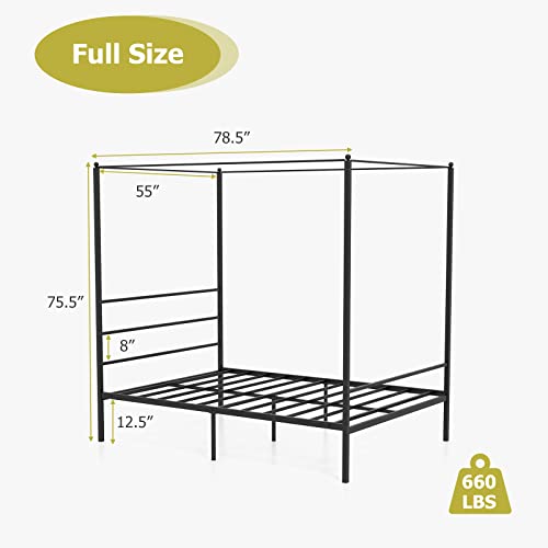 Komfott Metal Canopy Bed Frame Full Size, Modern 4 Poster Canopied Platform Bed Frame With Headboard, Heavy-Duty Metal Slat Support Mattress Foundation, No Box Spring Needed, Easy Assembly, Black #TOP1