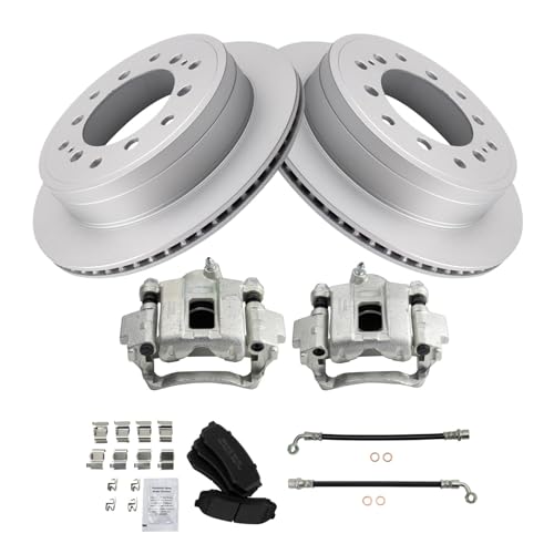 Image of TRQ Rear Brake Pad and Rotor Set Semi Metallic Coated Rotors Calipers Compatible with 2010-2021 Lexus GX460 2010-2020 Toyota 4Runner