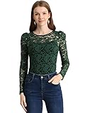 Allegra K Damen Langarm Stickerei Blumen Spitze Durchsichtig Oberteil Top Bluse Grün S