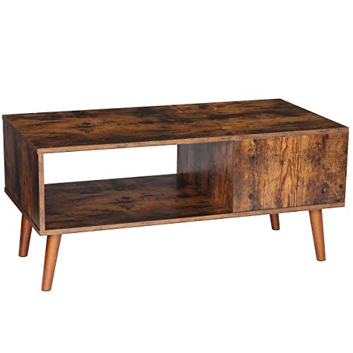 KingSo Retro Coffee Table Mid Century Modern Coffee Table with Storage Shelf for Living Room Vintage Coffee Table Cocktail Table TV Table Sofa Table Easy Assembly Wood Look Furniture, Rustic Brown