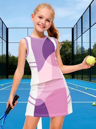 Image of AOBUTE Girls Tennis Golf Outfit Tank Top and Skirt with Shorts Set 4-12 Years