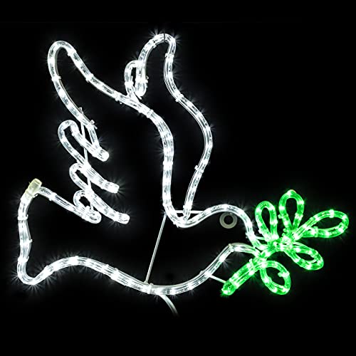 ElectricArt 21 Inch Cool White and Green LED Rope Light Dove with 5 Olive Branch Motif