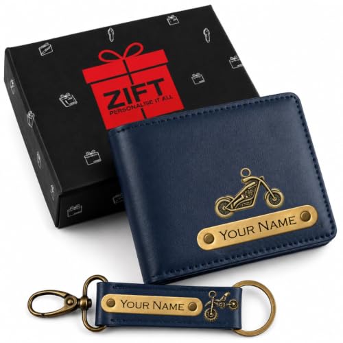 Image of Zift Personalized Name & Charm Leather Wallet & Keychain Gift Set for Men | Custom Name Engraved Wallet with Keychain | Birthday Anniversary Diwali Corporate Gifts for Men (Ocean Blue)