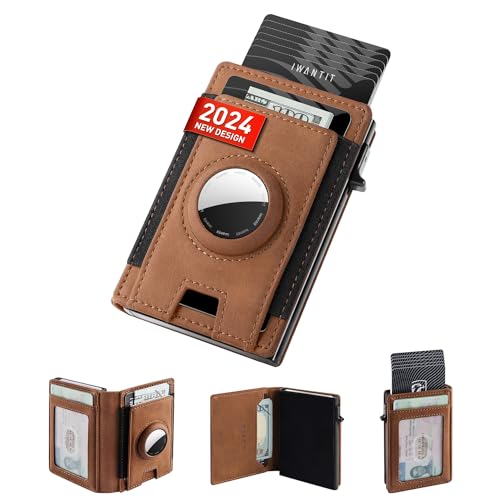 iwantit Slim AirTag Wallet for Men, Minimalist Mens Wallet with Elastic Strap Pocket, Credit Card Holder, RFID Blocking, Apple Air Tag Wallet, Pop Up Smart Bifold Wallet for 10+ Cards | ID Window