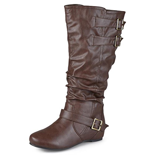 Journee Collection Womens Regular Sized and Wide-Calf Buckle Slouch Low-Wedge Boots Brown, 7 Regular US
