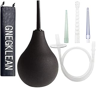 GNEGKLEAN Black Silicone Enema Bulb Kit 7.6oz Clean Anal Douche for Men Women with 19.7in Hose+4 Replaceable Nozzle (Black)