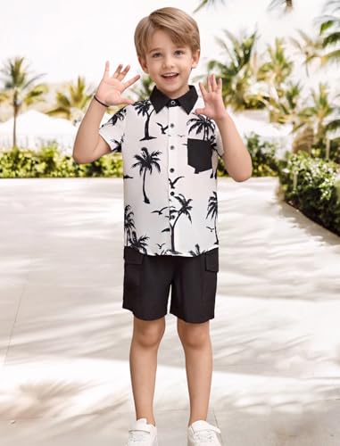 Image of IBTOM CASTLE Boys Hawaiian Button Down Shirts and Short Sets with Bucket Hat Kids Summer Vacation Outfits Tropical Shirt