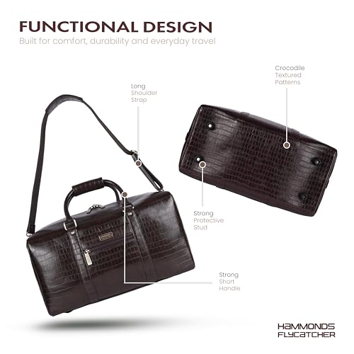 Image of Hammonds Flycatcher PU Leather Duffle Bag for Men and Women Premium Textured Travel Bag Large Weekender Overnight Gym Bag with Adjustable Shoulder Strap Brown