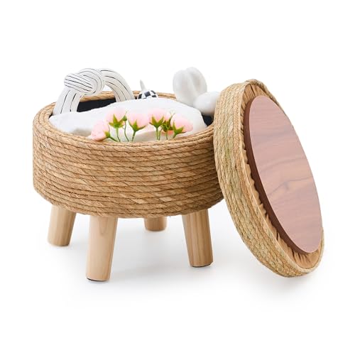 Cpintltr Storage Ottoman Poufs Handwoven Footstool Natural Seagrass Round Footrest Stool with 4 Wood Legs Soft Padded Outdoor Seat for Hallway Lounge Bedroom Garden