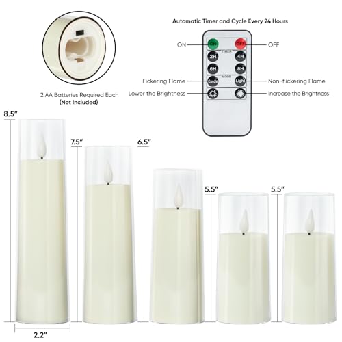 Image of Amagic Flameless Candles Battery Operated, LED Candles with Remote and Timer, Acrylic Plexiglass Flickering Fake Candle for Wedding, Home Decor, Ivory White, Set of 5, D2.2 x H5 5 inch 6 inch 7 inch 8 inch
