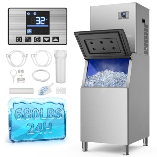 Lioncho 680LBS/24h & 560 LBS Storage Bin Commercial Ice Maker Machine, Ice Ready in 8-15 Min, ETL Approval Self Cleaning Stainless Steel Industrial Ice Machine for Bar Restaurant Cafe, Silver