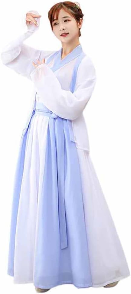 Women's Hanfu Outfit, White and Blue, Narrow Sleeve Jiao Ling Qiyao Ruqun, Traditional Chinese Student Costume