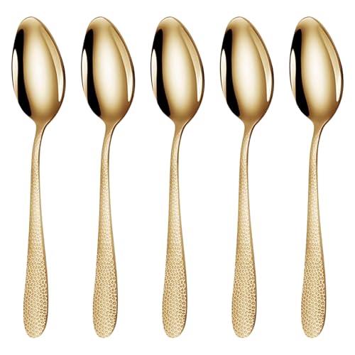 Image of 8.1 inch Hammered Aurum Gold Silverware Dinner Spoons | 5-Piece Premium Stainless Steel Flatware Set | Dishwasher Safe Cutlery Set for Home, Restaurant & Gifting