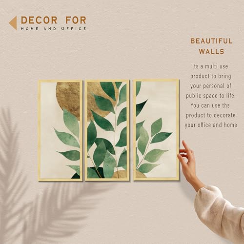 Image of PAINTINGMANTRA Botanical Leaf Framed Wall Art Set of 3 | Modern Nature-Inspired Boho Wall Decor | Engineered Wood Frame Art for Living Room, Bedroom & Office, 8.9x18.9 Inch