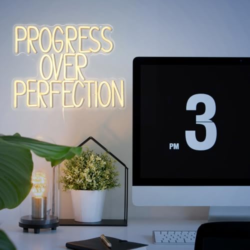 Image of Progress Over Perfection Neon Sign for Wall Decor Dimmable Warm White Words Led Light Up Sign USB Powered LED Letters Neon Light for Classroom Bedroom Library Study Room(16.5 * 12.6In)