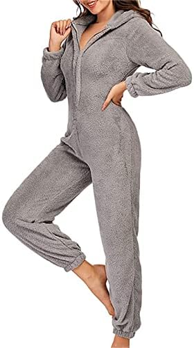 Womens Pyjamas, Warm Fleece Hooded Pyjamas Onesies Zip Front Hoodie Footie Pajamas Plush Jumpsuit Nightwear