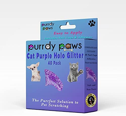 Purrdy Paws 40 Pack Soft Nail Caps for Cat Claws Purple Holographic Glitter Large