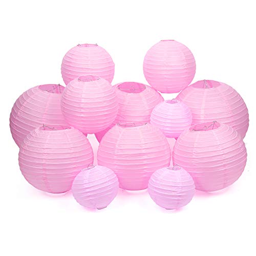 Meisax 12 Stücke Papier Laterne Lampions 15/20/25/30 cm, rund Lampenschirm Hochzeit Dekoration Papierlaterne (Rosa)