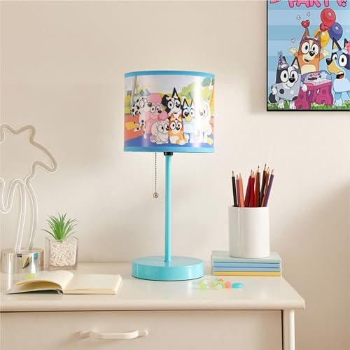 Image of Bluey Table Lamp for Kids,Stick Lamp with Printed Shade & Pull Chain,Bedroom or Nursery Nightstand Lighting,Official Bluey Merchandise