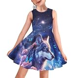 ZPINXIGN Galaxy Wolf Dress for Girls 9-10 Casual Summer Dresses Cute Clothes for Kids Skater Dress School Casual Sundress Outdoor Playwear Outfits