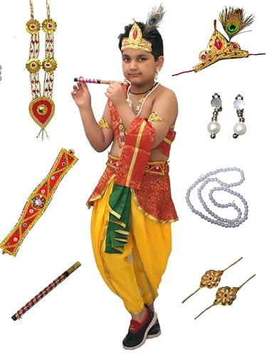 Image of Kaku Fancy Dresses Krishna Costume With Dhoti For Boy /Janmashtami /Bal Gopal Dress /Kanha Costume /Bal Krishna /Mythological Costume For Boy - Yellow-Red, 1-2 Years