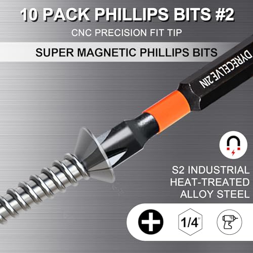 10-Pack Phillips Bits #2 Impact, 2-Inch Magnetic Phillips Head Drill & Screwdriver Bits, PH2 Premium S2 Steel 1/4" Hex Shank for Impact Drivers, Professional & DIY Use
