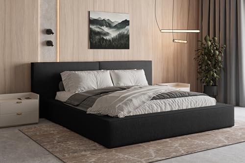 mb-moebel Polsterbett Bett mit Kopfstütze, Rahmenbettgestell, Bettkasten und Lattenrost, Bezug: Plusch, Doppelbett, Gepolsterter Kopfteil, Stauraumbett, Bett 06 (Schwarz (Anthology 19), 140x200 cm)