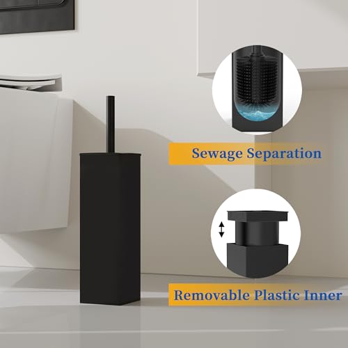 Image of RUACQ Toilet Brush and Holder Set, Square, Matte Black | SUS304 Stainless Steel Handle, Toilet Cleaner Brush with Durable Scrubbing Bristles, Splash-Proof