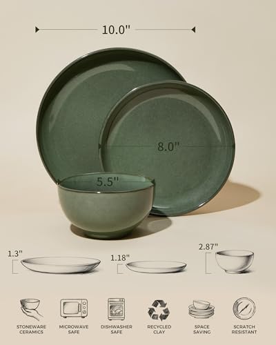 Image of Pokini Stoneware Dinnerware Sets for 6, 18 Piece Microwave Safe Plate and Bowl Set, Easy to Clean & Durable Dishes Sets for Small to Medium Families, Forest Green