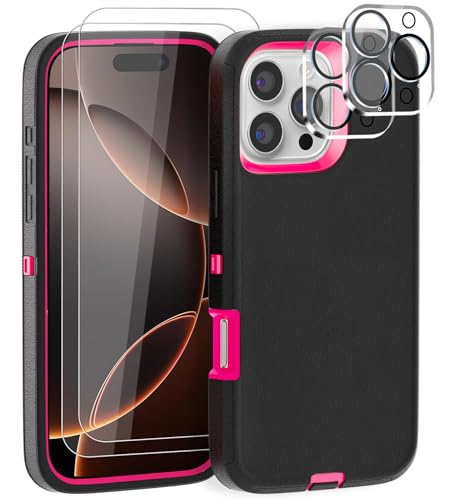 GYJ for iPhone 16 Pro Case 6.3" with 2 Screen Protector + 2 Camera Lens Protector, Full Body Heavy Duty Military Grade Cover, Shockproof/Drop Proof Protection Phone Case (Black Hot Pink)
