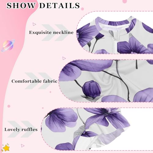 One Piece Swimsuits for Girls Quick Dry Rash Guard Zipper Swimwear, Violets Floral White Purple 3T4