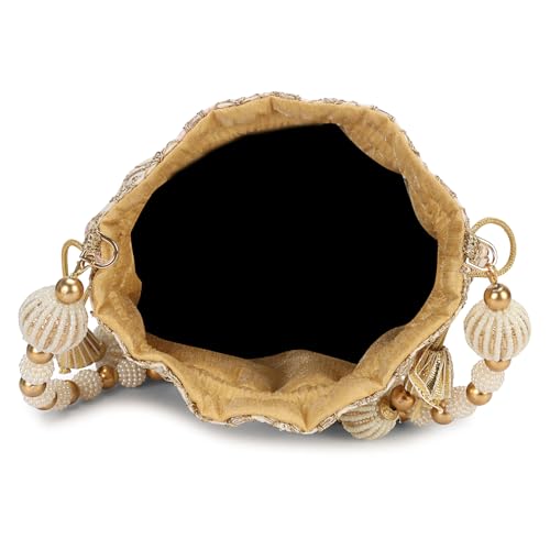 Image of LONGING TO BUY Indian Embroidered Pearl Potli Bag For Women, Sequence Design with Tassel, Wedding Potli Bags