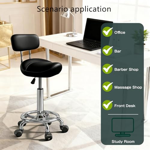 Image of Saddle Stool with Back and Ring Pedal, Adjustable Hydraulic Rolling Chair with Wheels for Salon, Spa, Medical, Massage & Drafting Use Black