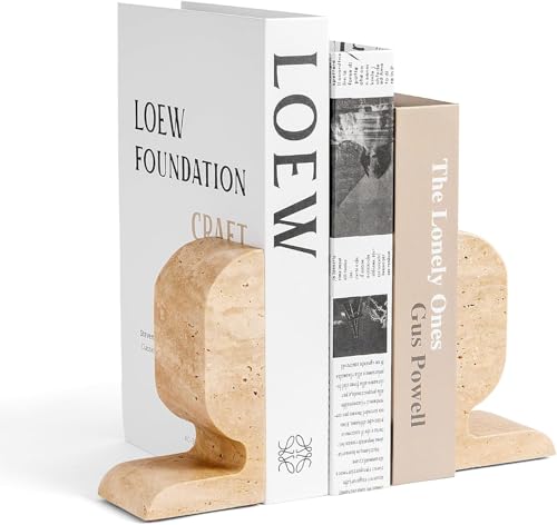 WORHE Travertine Bookends Decorative Marble Decorative Bookends for Shelves Heavy-Duty Stone Book Ends for Hardback Book & Cookbooks Unique Book Stopper & Holder Set of 2 Beige (H090)