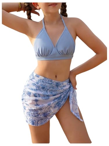 Verdusa Girl's 3 Piece Floral Halter Bikini Set Beach Bathing Suit with Cover Up Skirt